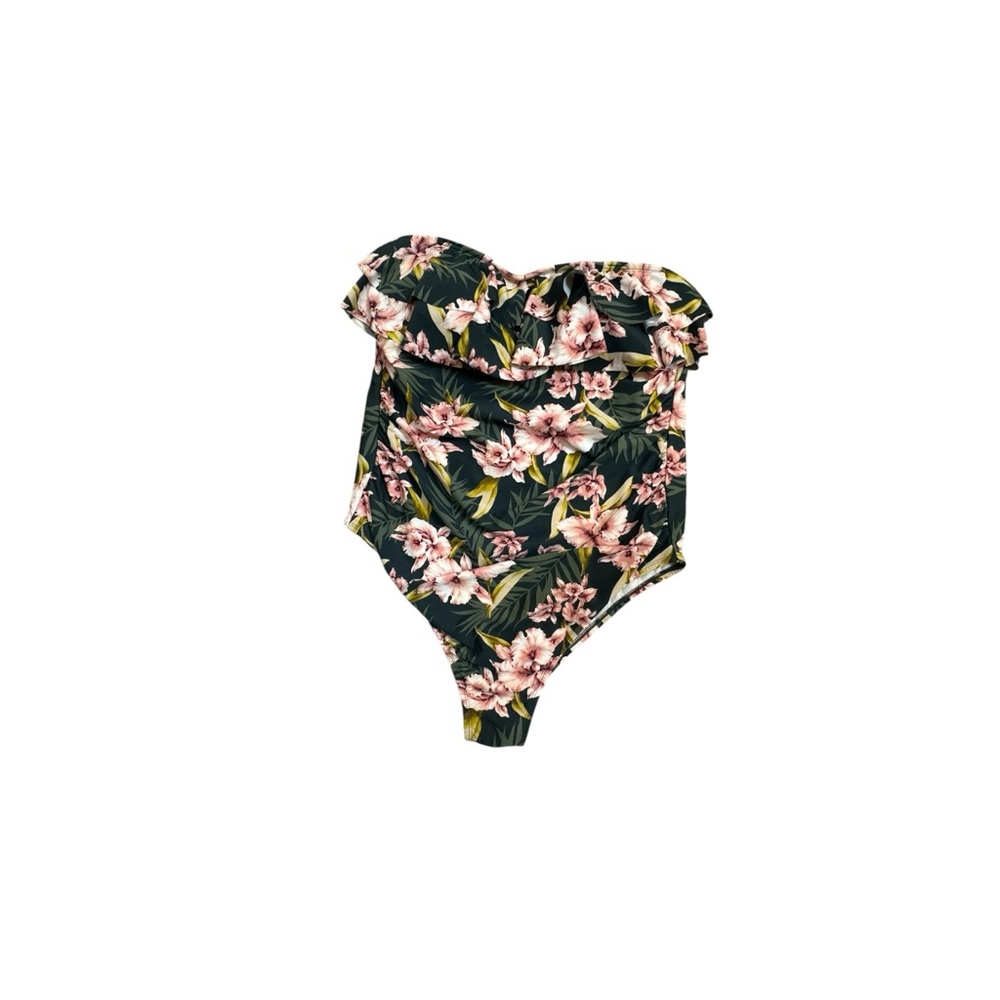 Kona Sol One Piece Swimsuit 20W Green Floral Ruffle Bandeau Tummy Control NWOT